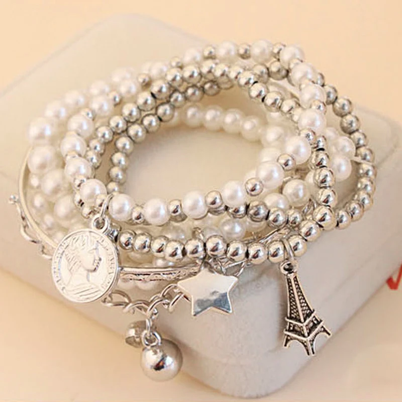 

Multilayer Pearl Bracelets For Women Simulated Pearl Jewelry Charm The Eiffel Tower Star Commemorative coins Pendant Bracelets