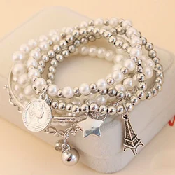 Multilayer Pearl Bracelets For Women Simulated Pearl Jewelry Charm The Eiffel Tower Star Commemorative coins Pendant Bracelets