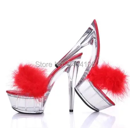 

Summer Women Transparent Clear Sandals Dandelion Fluff Slides 15CM Perspex High Heel 5CM Platform