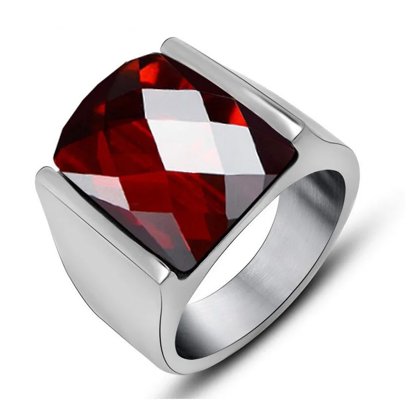 Vintage Top Quality Red Jewelry Rings For Men Never Fade Fashion Stainless Steel Brand Big Crystal Ring Mens Accessory