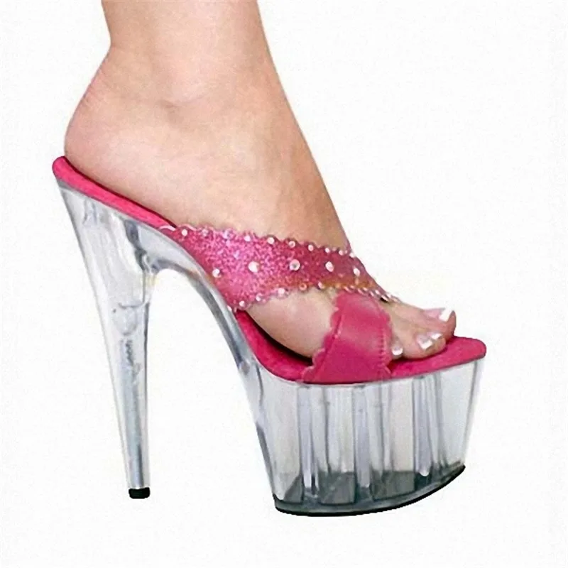 Zapatos de punta abierta para mujer, Sandalias de tacón alto fino de 15cm, con plataforma de cristal, sexy, para baile de boda