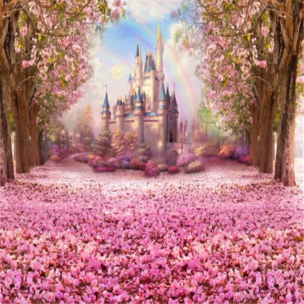 

Princess Girl Fairytale Party Backdrop Vinyl Printed Pink Cherry Blossoms Flower Trees Petals Rainbow Castle Photo Backgrounds