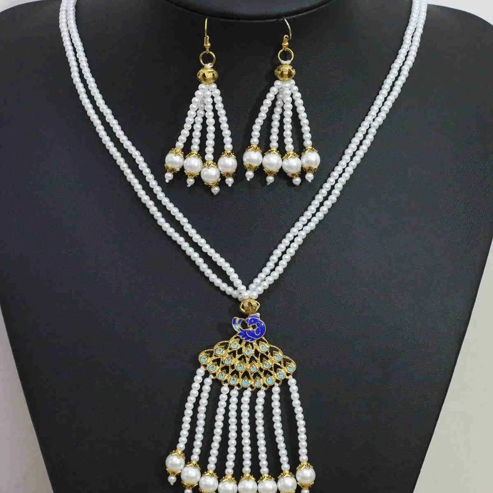 

High grade new diy white shell simulated-pearl necklace earrings beauty gold-color peacock tassel pendant jewelry B1426