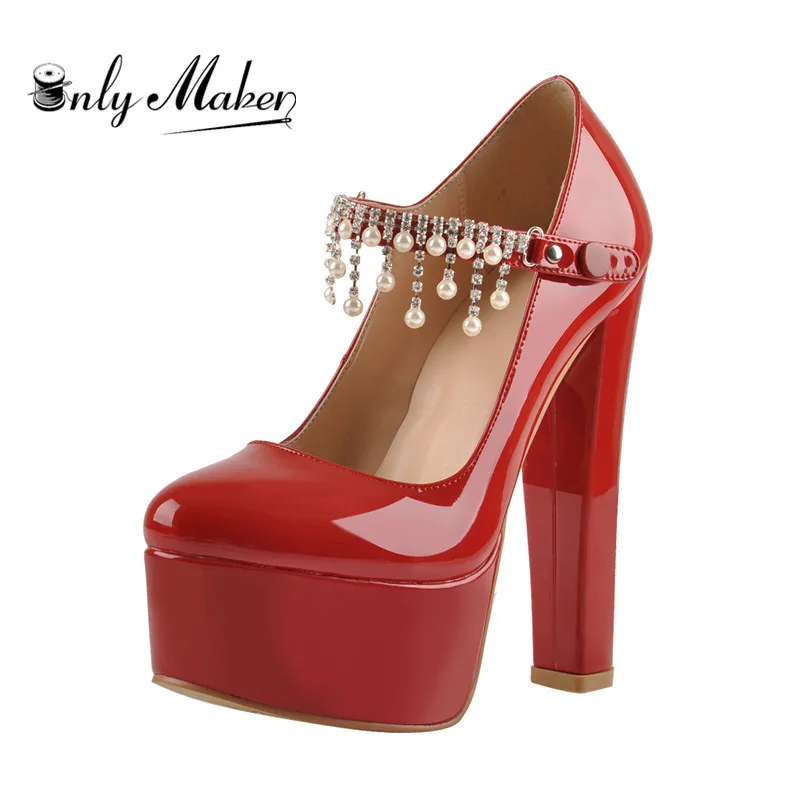 Onlymaker Women Mary Jane Platform Red  Nude Pumps Ankle Strap Thick 15~16cm Round Heel High Heels Dress Buckle Shoes