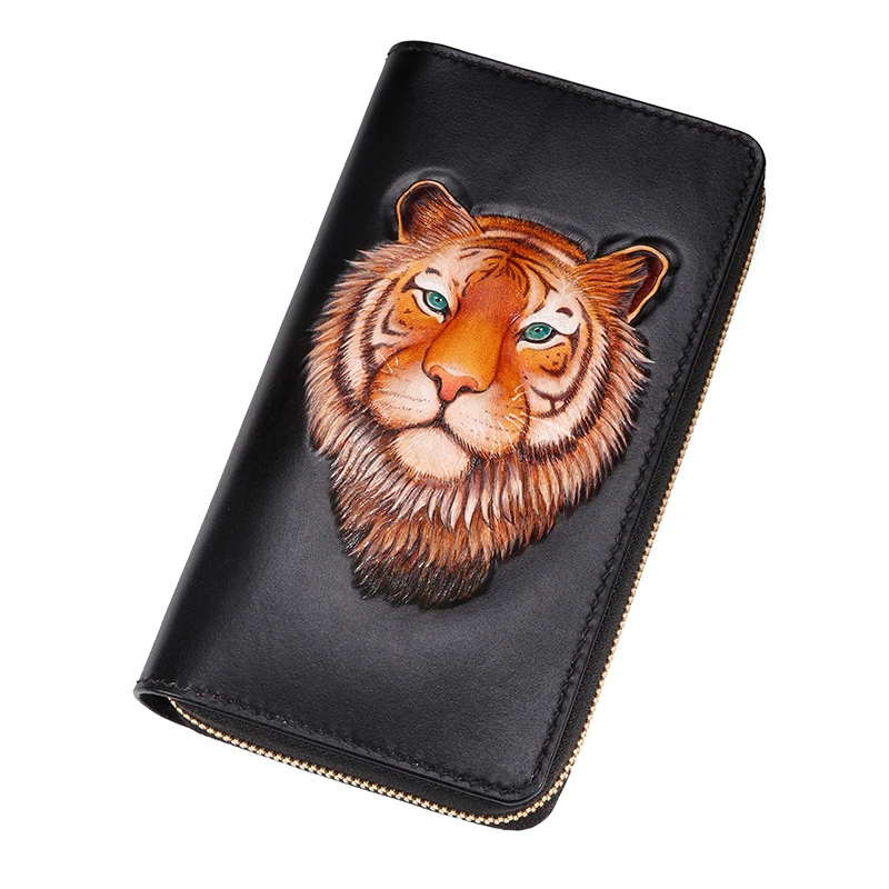 High-end customization Genuine Leather Wallets Carving Tiger Bag Purses Men Long Clutch Vegetable Tanned Leather Wallet Gift