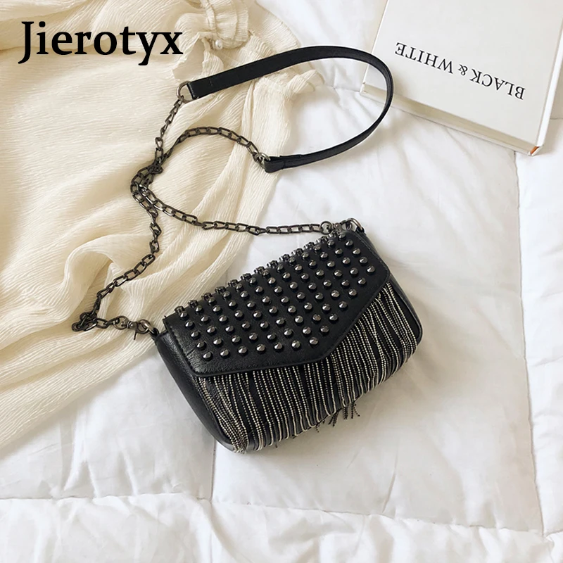 JIEROTYX Fashion Tassel Diamonds Brand Design Mini Chain Shoulder Bag Crossbody Black Leather Rivets Female Bolsa Sac A Main