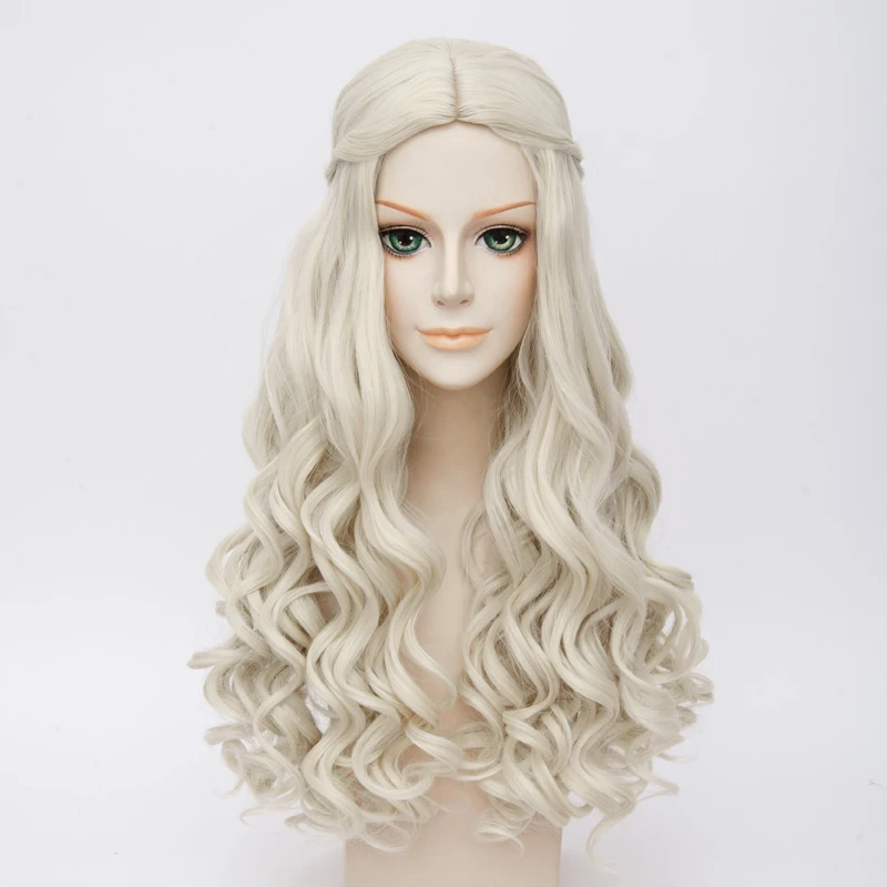 Peluca de Cosplay de Reina blanca de Alicia en el país de las Maravillas, pelo sintético trenzado largo ondulado rubio, fibra resistente al calor + gorro de peluca