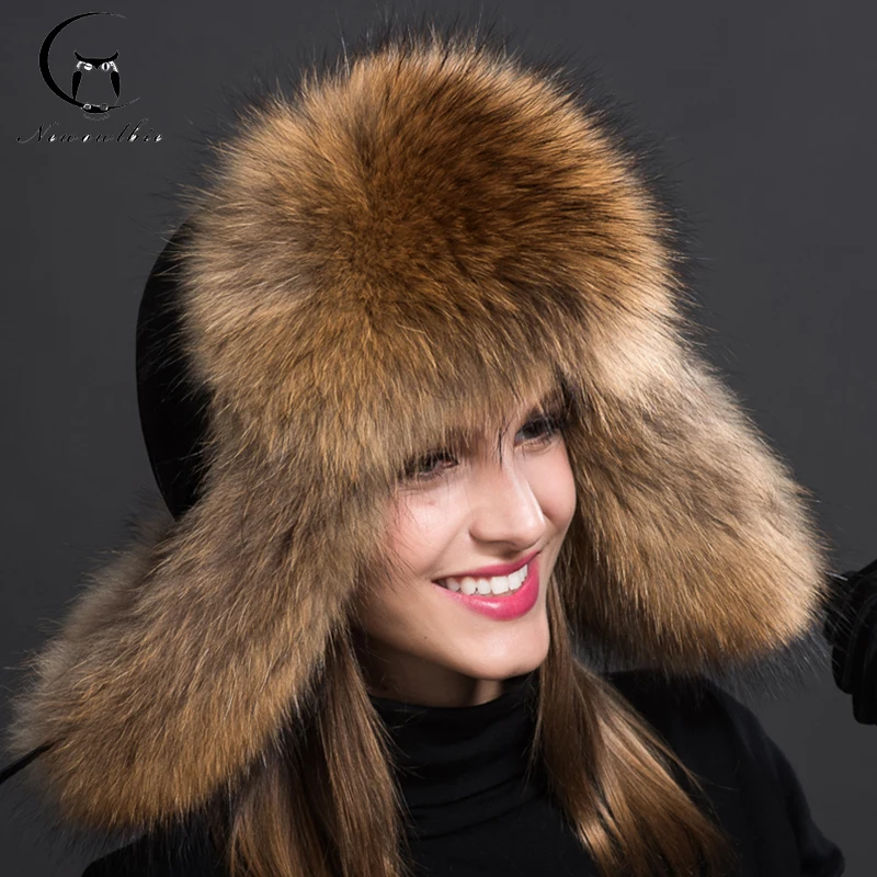 Luxe cappello di pelliccia in stile siberiano cappello russo di procione pieno Ushanka per le donne nuovo cappello di pelliccia di colore naturale