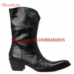 Choudory Winter autumn boots men black genuine leather mens knee high boots high heels military boots handmade cowboy shoes