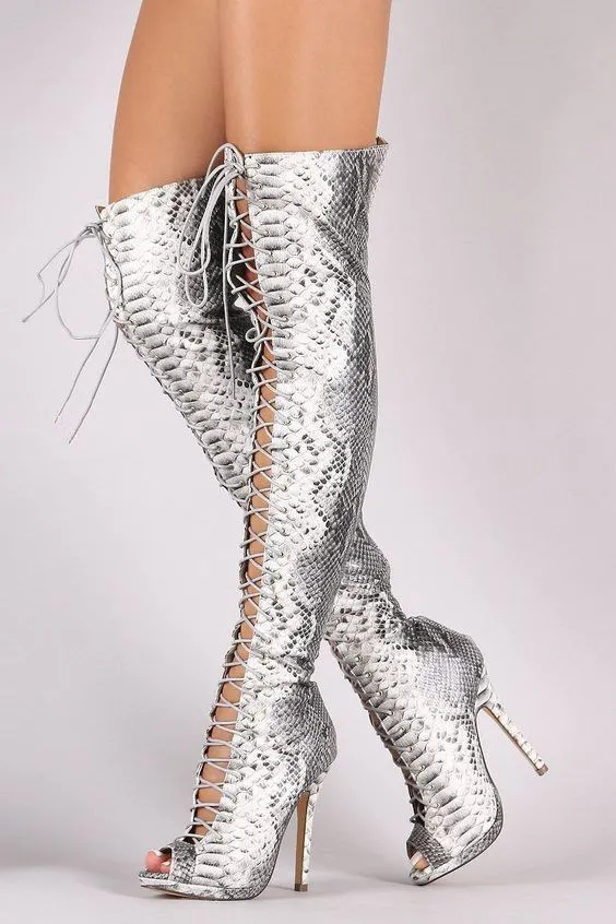 

Sestito New Hot Female Sexy Snakeskin Lace-up Thigh High Heels Cross-tied Sandals Boots Woman Peep Toe Over-the-knee Boots