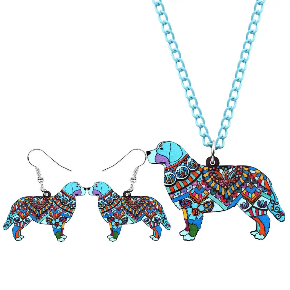 Bonsny Acrylic Jewelry Set Bernese Mountain Dog Necklace Earrings Choker Collar Fashion Pendant For Women Girl Decoration NE+EA