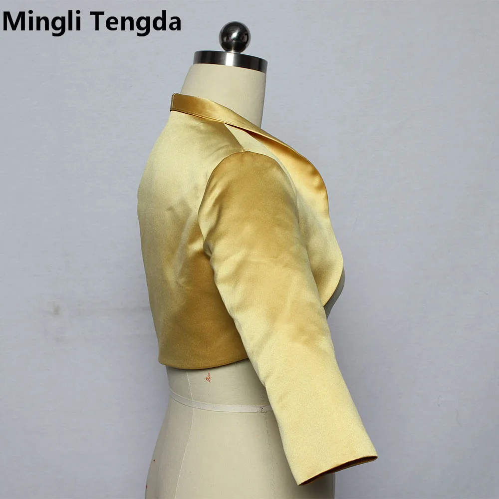 New Gold Satin Wedding Bolero Tippet Shrug Bridal Jacket Stole Wrap 3/4 Sleeve Lined Custom Made Wedding Caps Mingli Tengda cape