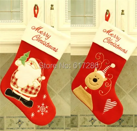 

Free shipping! 2pcs/lot New Santa Claus and Reindeer Christmas Stocking 18" Red Fleece Stocking Christmas Indoor Decoration Gift