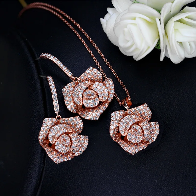 CWWZircons Geometric Flower Design Cubic Zircon Fashion Brand Women Rose Gold Color Earrings Necklace Pendant Jewelry Sets T016