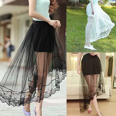

New Women High Low lace Skirts Formal Ladies Bridesmaid Party Mesh Prom Solid translucent Hollow Out Skirt Stock skirts