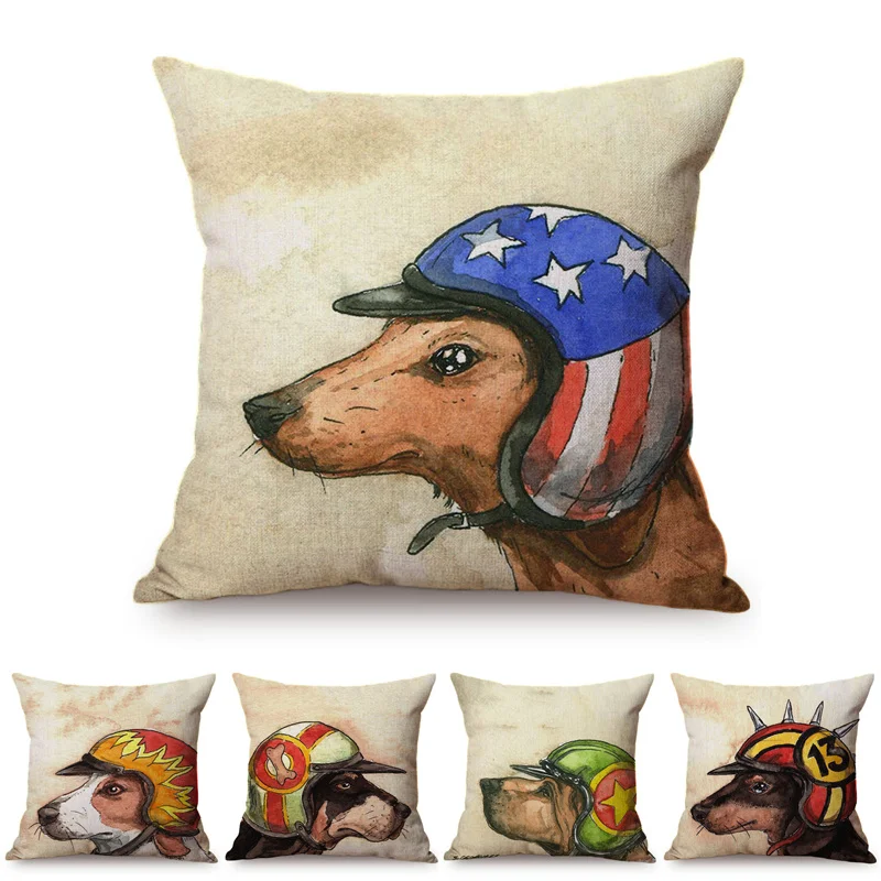 Nordic Comic Funny Dog Pilot Motorcycle Driver Home Decoration Throw Pillows Cases Humorous Dog Cosplay Roles Sofa Cushion Cover