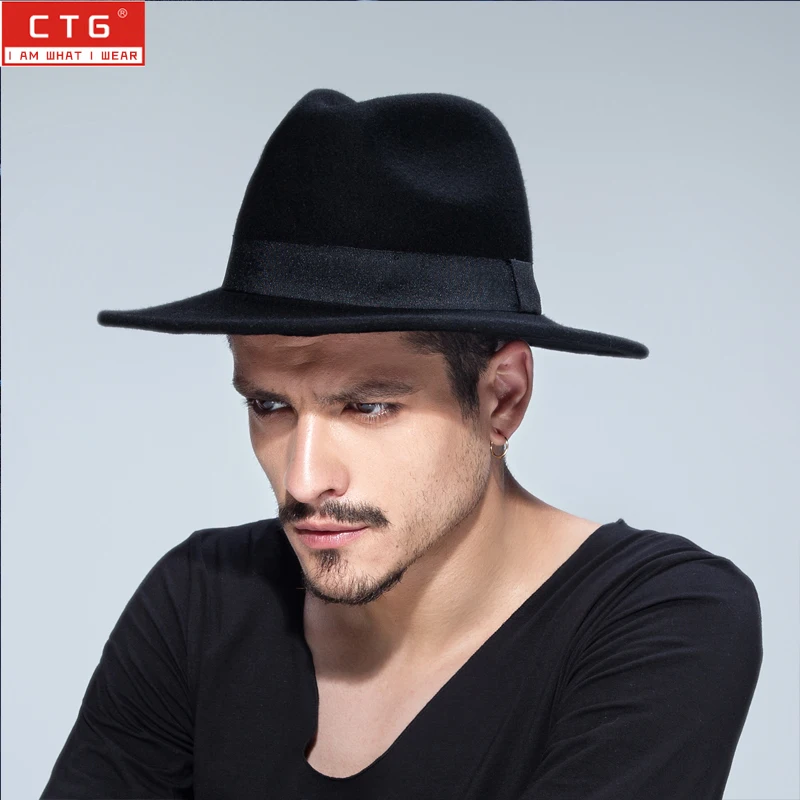 Male wool felt  British Panama Jazz hat 100% wool fedora felt hat Black Panama hat  Wide brim classic trilby hat  B-1509