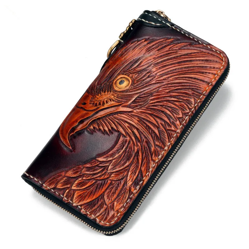 Man Genuine Leather Wallets Carving Eagle Bag Purses Men Long Clutch Vegetable Tanned Leather Card Holder Wallet Boyfriend Gift