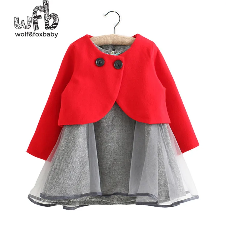 

Retail 2-8 years sets full-sleeve Wool blends coat + solid color dress kids children spring autumn fall