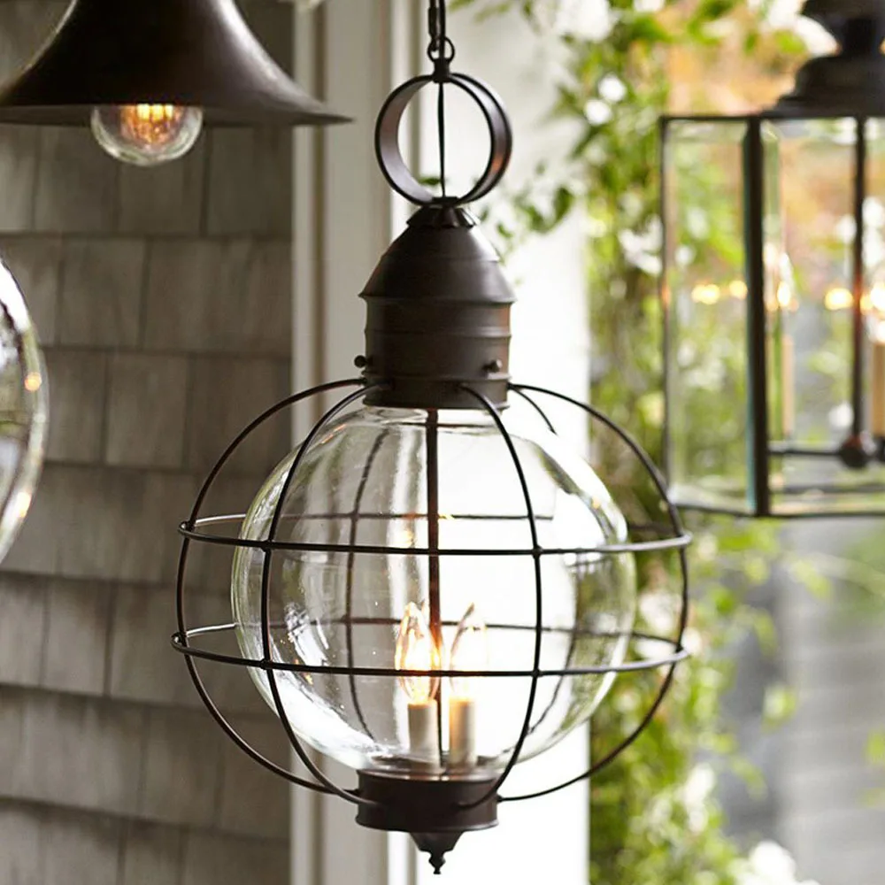 

Iron Industrial Loft outdoor Pendant Lamp Globe Multipurpose Hanging Lights For garden Aisle with glass lampshade