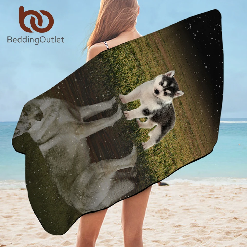 

BeddingOutlet Husky Bath Towel Wolf Reflection Shower Towel 3D Printed serviette Puppy Dog Grassland Beach Towel 75cmx150cm