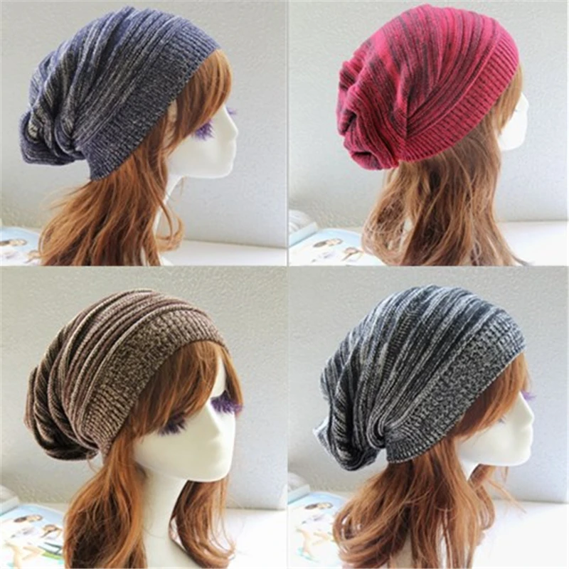 Men and women hat mixed color cotton striped hip hop Sk Sk winter warm hat scarf Beanies knit long loose hat gorro headdress