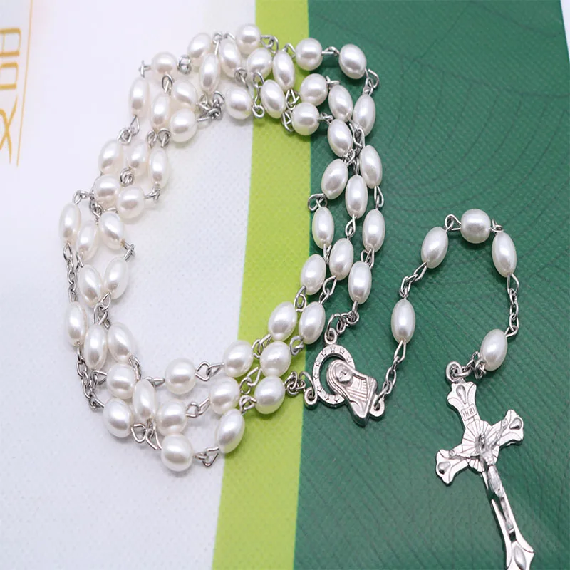 Crystal Pearl White Rosary Cross Crystal Necklace. Star Maria Christ\'s Cross Prayer Necklace. 8x9mm