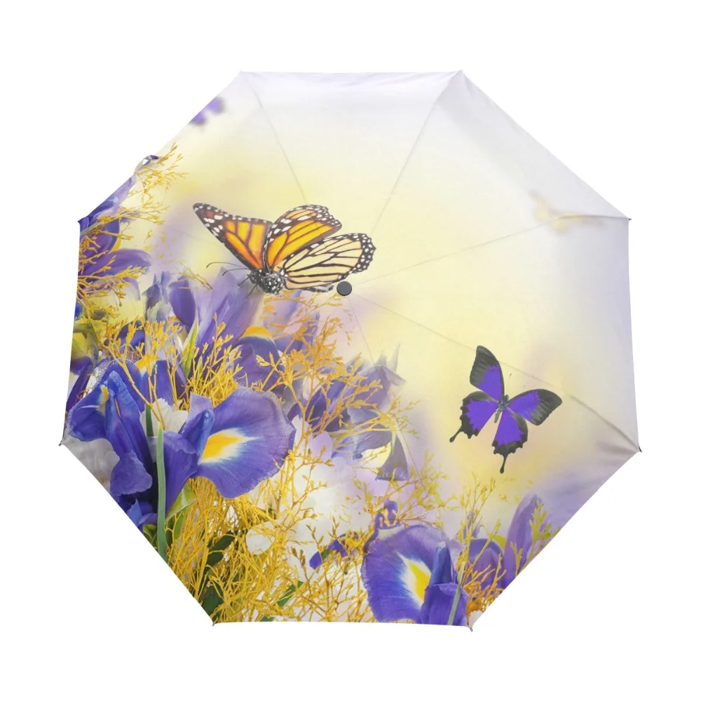 Creative Butterfly With Flower Three Folding Umbrella UV Brand Automatic Umbrella Rain Women Pongee Rain Gear For Child Girl