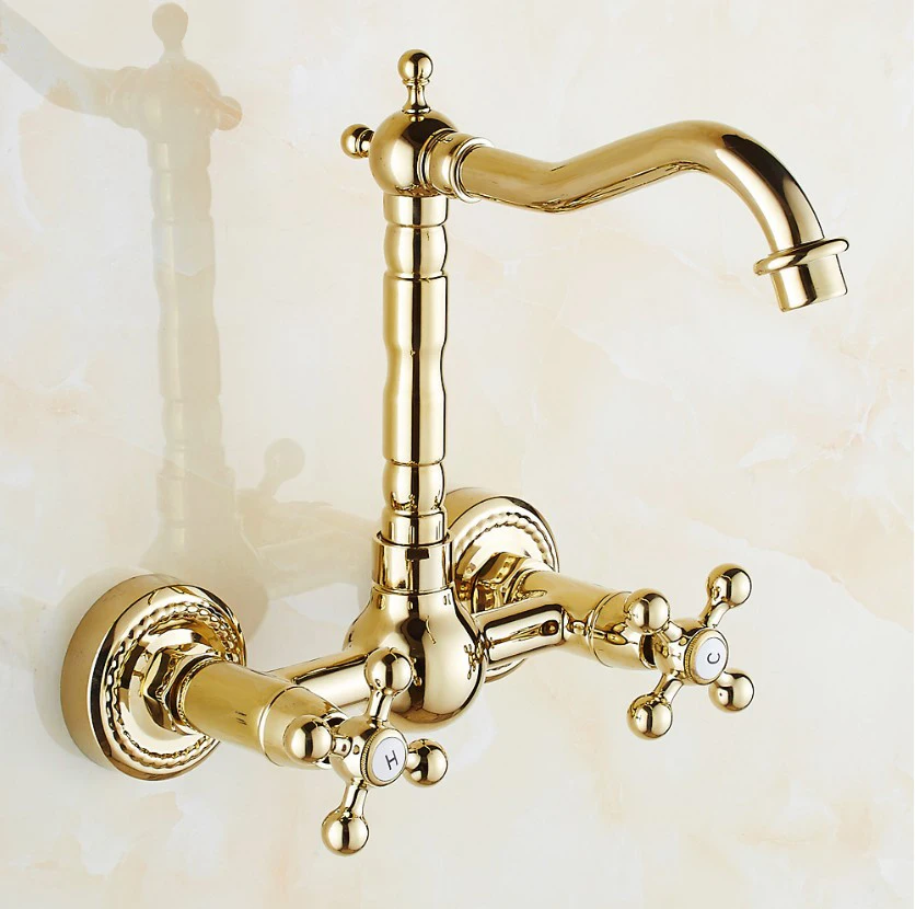 

Luxury Gold Color Brass Wall Mounted Basin Faucets Double Handle Dual Hole Bathroom Sink Swivel Faucet Mixer Tap ZD020