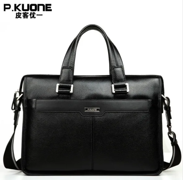 P.KUONE Genuine Leather men\'s Briefcase Business Shoulder Bag Casual Travel Handbag Messenger Bag for 15 inch notbook