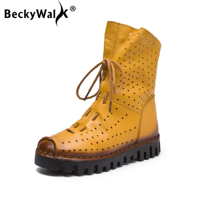 

BeckyWalk New 2023 Autumn Women Boots Breathabel Holes Flat Heel Ankle Boots Women Fashion Genuine Leather Casual Shoes WSH3063