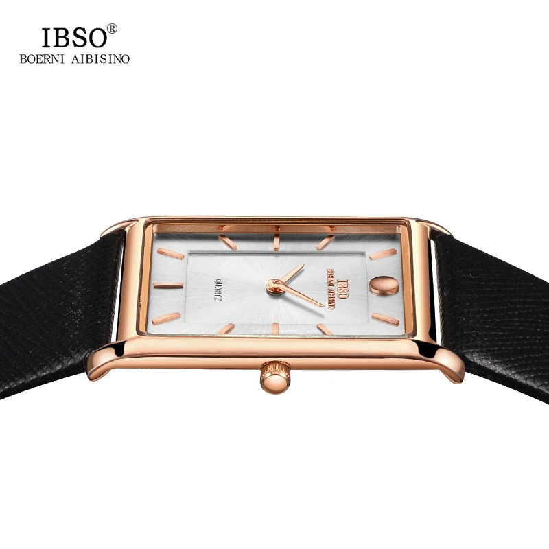 IBSO-Relógio de pulso de quartzo com mostrador retangular masculino, pulseira de couro genuíno, ultra fino, preto, relógios clássicos, 7mm