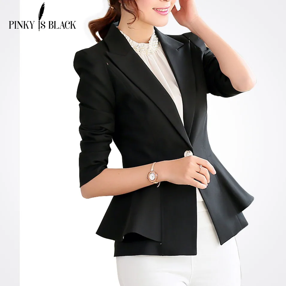 Pinky Is Black blazer women jacket ruffle female candy color slim long-sleeve short women suit jacket outerwear OL lady blazer