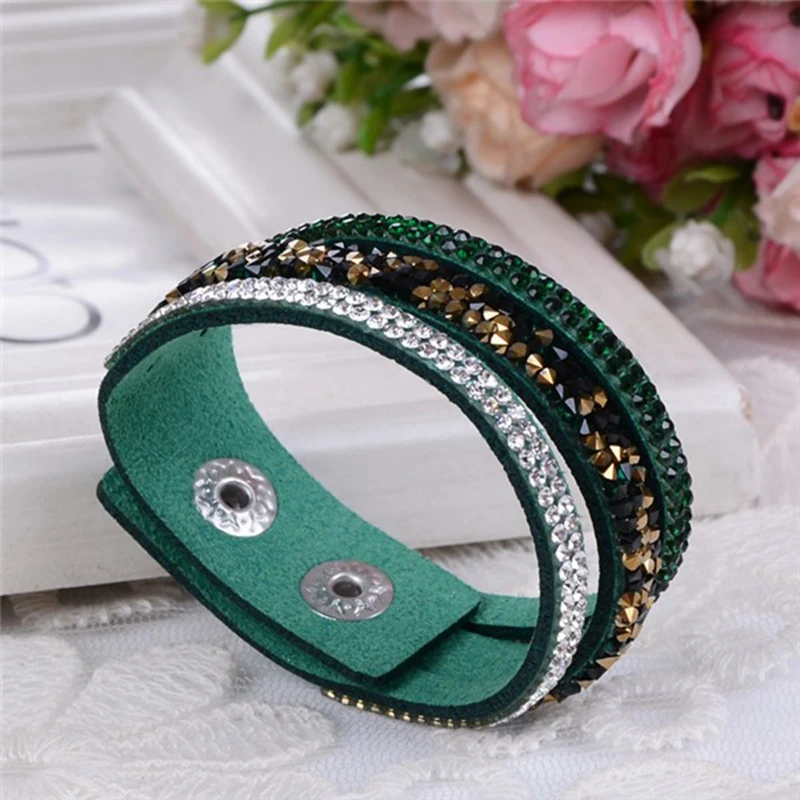 2017 New Fashion Leather Wrap Wristband Cuff Punk Crystal Rhinestone Bracelet Bangle free shipping Wholesale