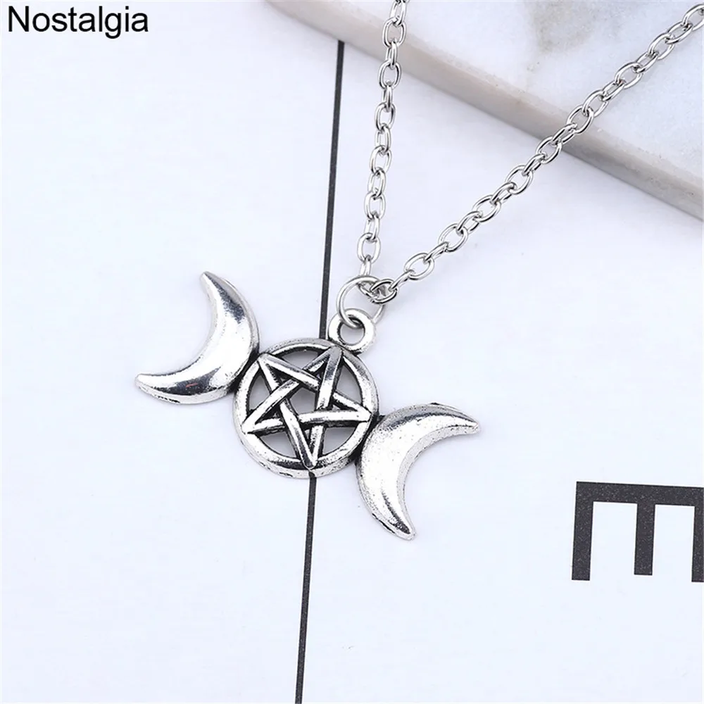 Nostalgia Wiccan Triple Moon Goddess Pendant Necklace Men Women Wicca Pagan Pentagram Pentacle Witch Jewelry