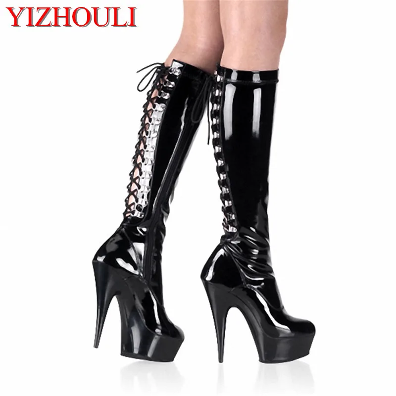 Sexy pole dancing classic round toe lace boots 6 inch platform 15 cm high heels platform knee-high boots