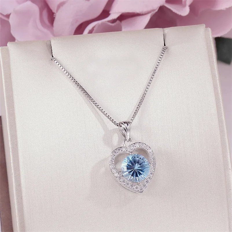 Fine Jewelry Necklaces Pendants For Women 100% Silver Natural Topaz 10*10mm Heart Round Gemstone Romantic Wedding Colar CCN006