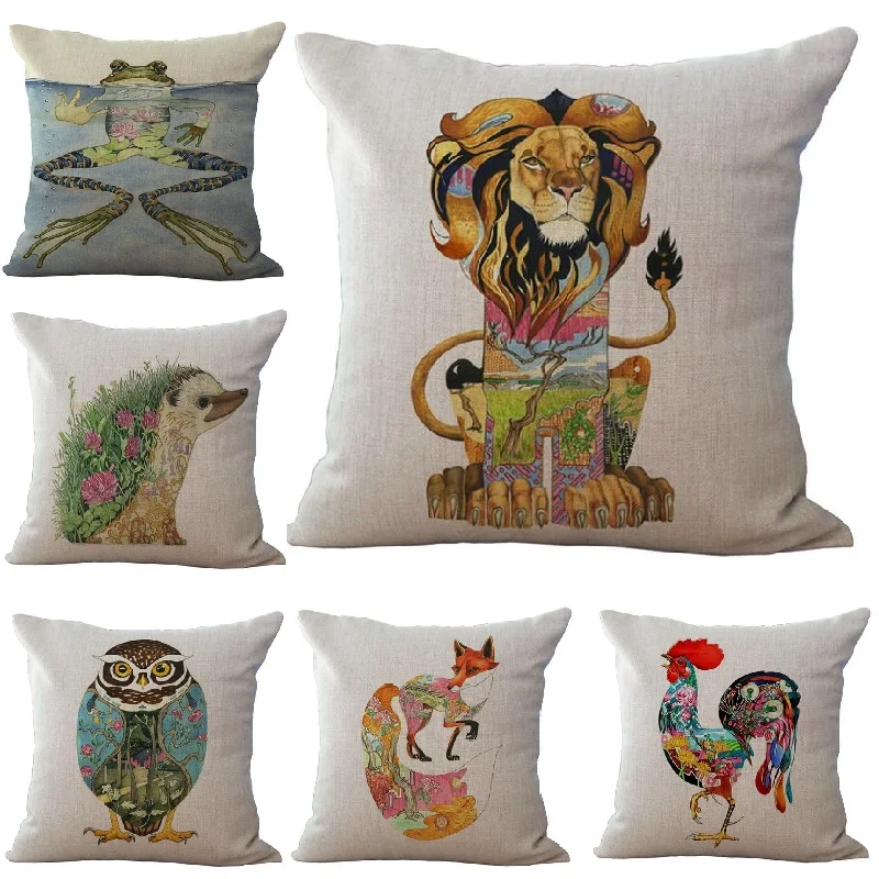 

Linen Cotton Cushion Cover Animals Painting Throw Pillows Car Sofa Case Decorative Pillowcase almofadas decorativos cojines