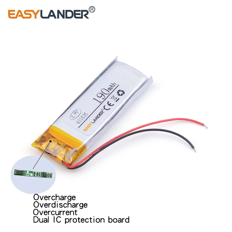 431635 3.7V 190mAh แบตเตอรี่ลิเธียม Li-ion โพลิเมอร์แบบชาร์จไฟได้สำหรับชุดหูฟังบลูทูธ3D แว่นตาสมาร์ทวอท์ชหูฟัง