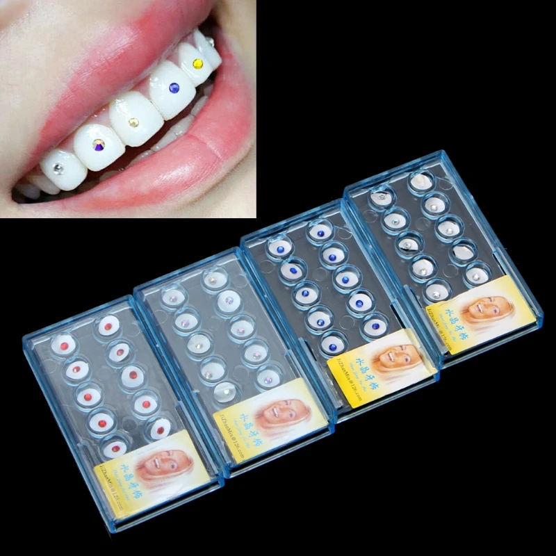 JAVRICK 10pcs/Box 2mm Dental Colorful Crystal Tooth Fashion Jewelry Decor with Box Teeth Decorations