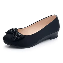 Autumn Women Office Shoes Ladies Low Heel Pumps Bow Black Wedges Comfortable Heels Formal Work Mom Shoes Ladies Pumps