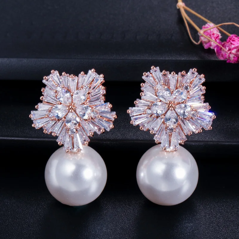 Boucles d'oreilles de mariée E027, bijoux de marque CZ, grande perle d'eau douce simulée, longue goutte d'eau, pour fête de mariage