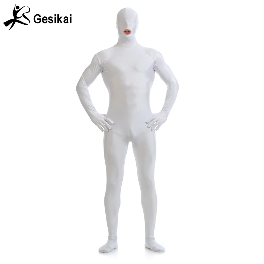 Gesikai ชายเปิดปาก Zentai Full Bodysuit ทำจากซิปด้านหลัง Skin Tights สูทชุดแฟนซีฮาโลวีน