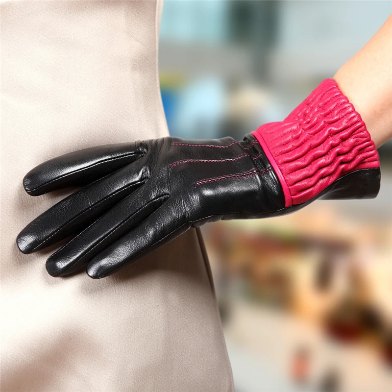 High Quality Brand Genuine Leather Gloves Women Sheepskin Gloves Two Tone Winter Plus Velvet Finger Driving Glove L150NC-5