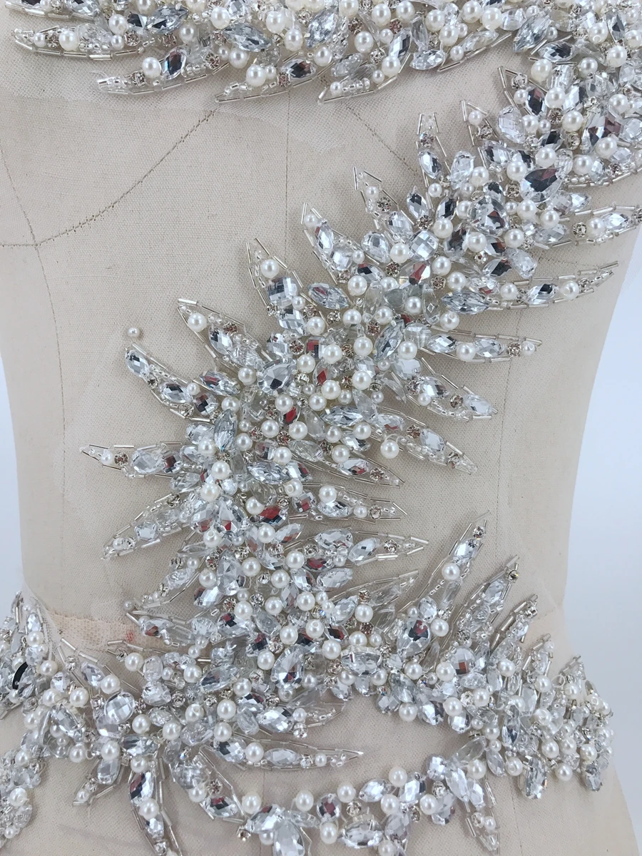 handmade silver white sew on rhinestones pearl applique on mesh crystals trim patches 36*34cm for wedding dress DIY accessories