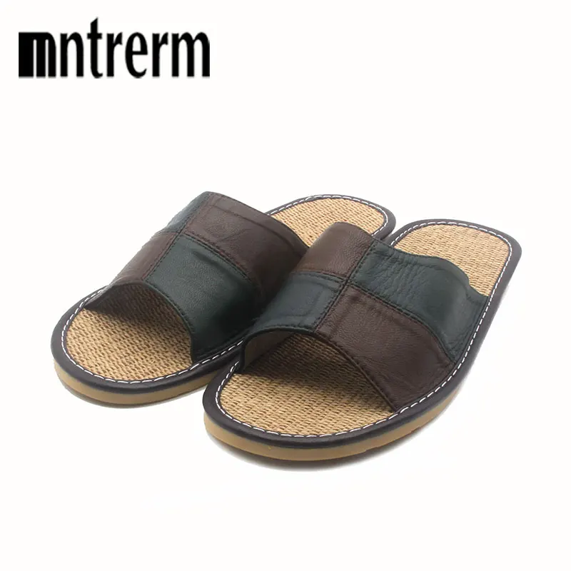 Mnterrm Hot Sale Men Home Slippers Linen Home Slippers Indoor Bedroom Sandals Couple Sheepskin Leather   Floor Slippers