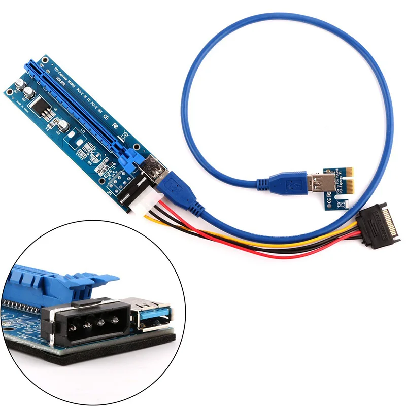 6pcs 1x to 16x PCI Express Riser Card PCI-e Extender Adapter SATA 15pin to 4pin Power USB3.0 Cable Extension For Bitcoin Mining