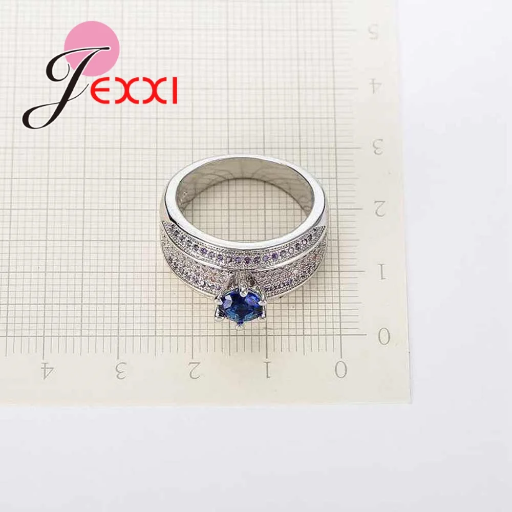 3 Row Crystal Wide Ring Mosaic Blue Round Zircon Stone Gorgeous Colorful Jewelry Hot 925 Sterling Silver Needle Women Bijoux