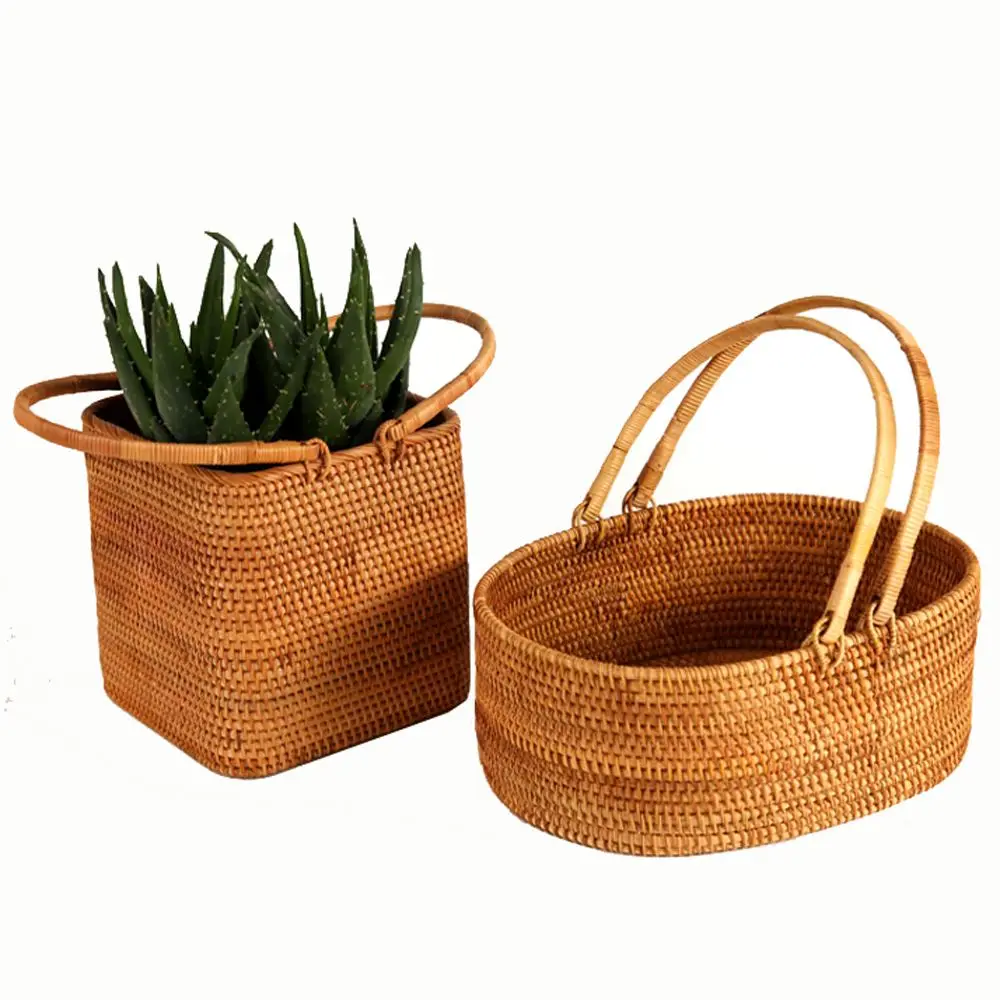 

Weaving Rattan Kitchen Storage Basket with Handles Handwork Storage Boxes Food Fruit Vegetables Organization Kitchen Shelf