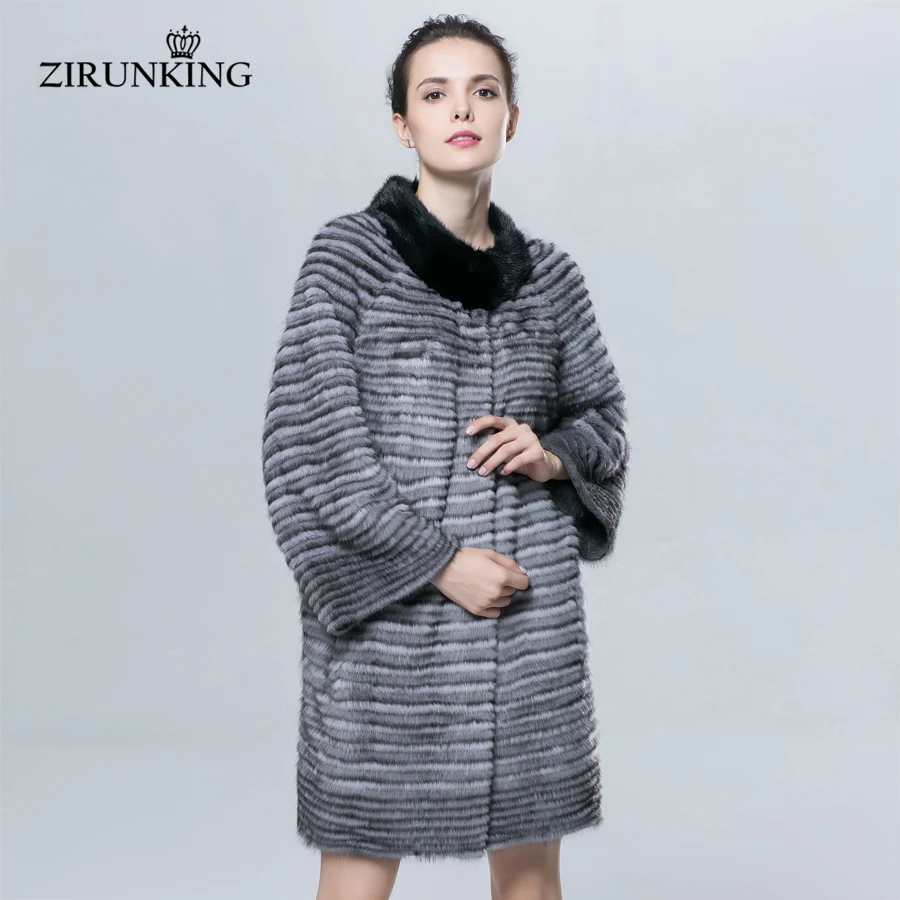 ZIRUNKING Female  Real Mink fur coat  Autumn Warm Fur Overcoat Knitted Stripe Fashion Slim Shuba Clothing  ZC1619